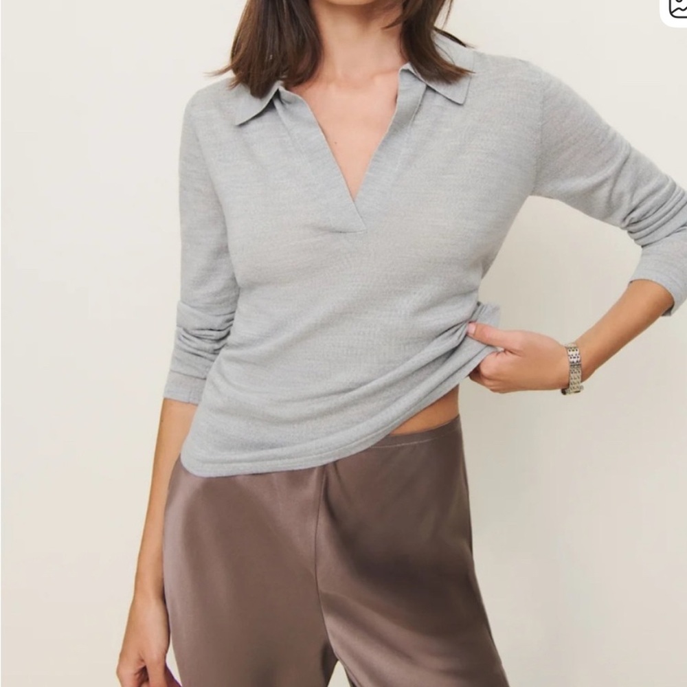 Reformation Light Gray Collared Long Sleeve Top